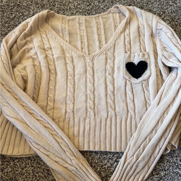 Sweaters - Women’s Cream Cable Knit V-Neck Sweater with Heart Pocket